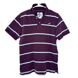 HOLLISTER Men's Polo Shirt - Medium - Maroon Blue Striped VINTAGE Preppy Y2K HCO